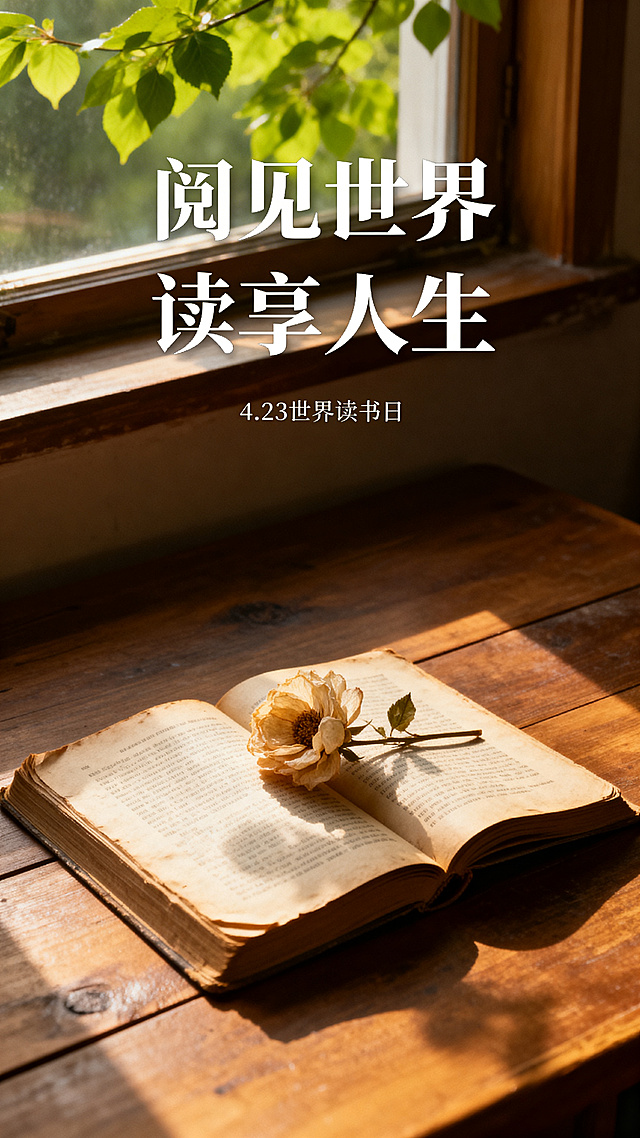 世界读书日主题，暖光靠窗木质书桌，摊开的旧书本上放着一朵干花，窗外是春日绿色树叶，整体温暖治愈文艺风格，画面有文字'阅见世界 读享人生'，4.23世界读书日，氛围安静美好