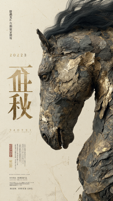 高级艺术海报，9:16，超清细节。画面主体是将汉代马蹄金与石刻拓片风格进行现代解构的巨幅马首像。肌理斑驳，融合了烫金、矿物颜料与纸张撕裂的质感。背景为柔和的米白与砂岩色，留有仿古画般的斑驳印记。
文字预览效果
