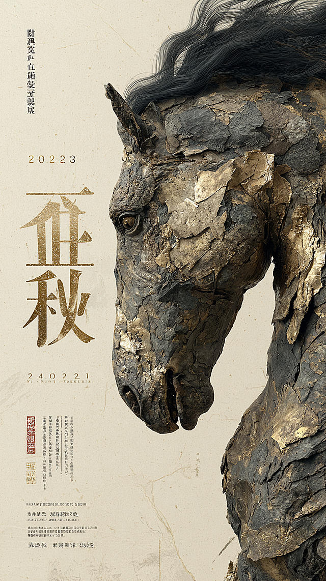 高级艺术海报，9:16，超清细节。画面主体是将汉代马蹄金与石刻拓片风格进行现代解构的巨幅马首像。肌理斑驳，融合了烫金、矿物颜料与纸张撕裂的质感。背景为柔和的米白与砂岩色，留有仿古画般的斑驳印记。
文字： 标题“2026·骏迹”以大型数字与书法结合的形式，仿佛拓印在画面中央，数字“2026”为金石篆刻效果。左下角有朱文印章“丙午”。