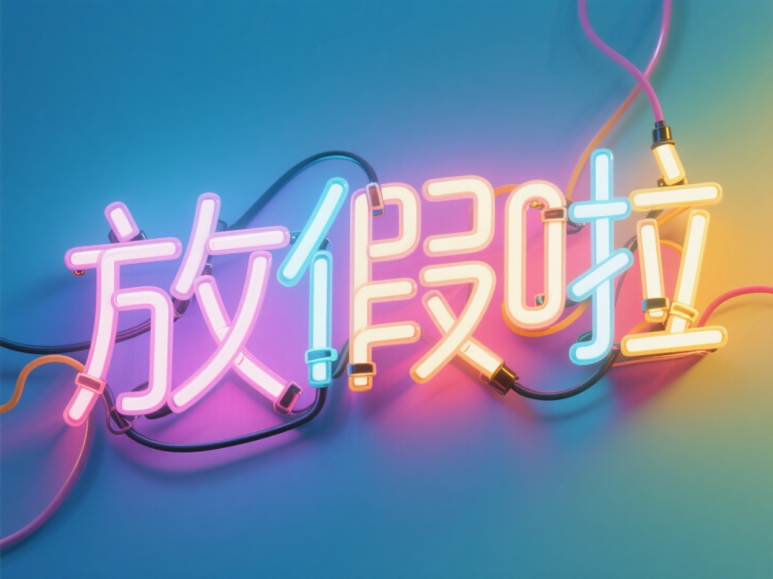 “放假啦”由灯管构成，笔画错乱排版，背景彩色，整体画面活泼预览效果