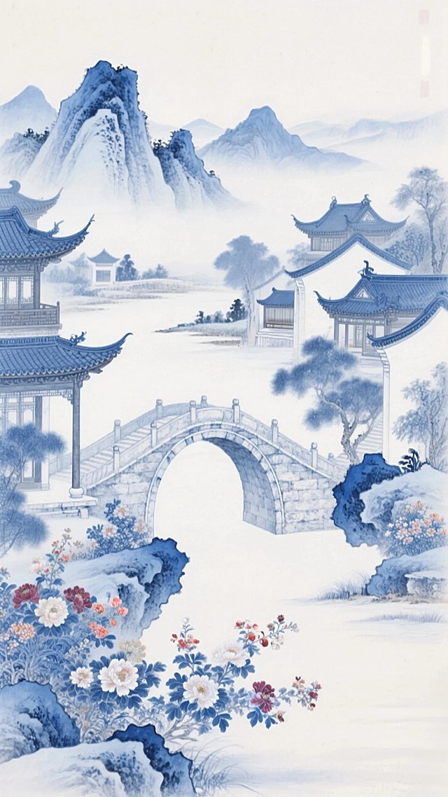青花瓷背景，以钴蓝与白为主色调，视觉中心是一座石桥，山峰，古建筑，近景有繁花，中式美学，纯白色背景