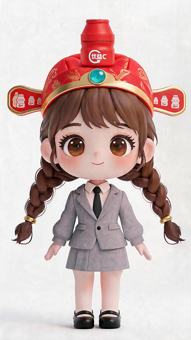 生成这个3D卡通盲盒女孩的全视角全身图，保留当前所有设计细节：正红色锦缎帽子，帽身镶蓝绿色宝玉，金色镶边，顶部优益C小红瓶，带奶瓶印子的如意帽翅加金色描边，棕色双麻花辫，浅灰色西装套裙搭配黑色领带，完整展示全身造型，纯白背景，3D渲染