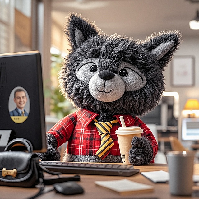 黑猫拿着奶茶打工