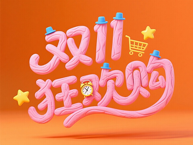 软3D粘土风字体，橡皮管造型搭配小礼帽与购物车，充满甜蜜可爱与趣味感，营造双11狂欢购的促销氛围。