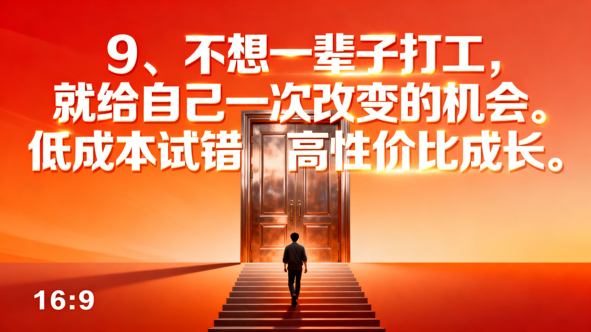 创业副业海报，尺寸比例16:9，励志改变风格，画面包含大门阶梯前进元素，橙红渐变背景，搭配醒目的文字文案："9、不想一辈子打工，就给自己一次改变的机会。低成本试错，高性价比成长。"，突出改变机遇主题预览效果