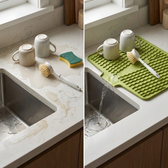 左右对比式电商场景，左侧是没有沥水垫的厨房水槽台面，水渍凌乱，杯子和清洁用品周围有明显积水；右侧是使用绿色硅胶沥水垫后的台面，开口朝向水槽，水流顺利回流，台面干净整洁，用品摆放有序，整体风格统一真实，预览效果
