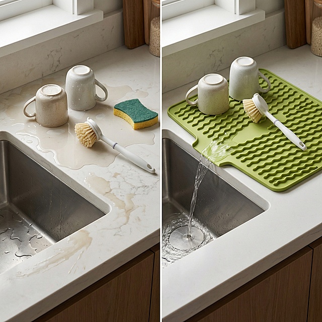左右对比式电商场景，左侧是没有沥水垫的厨房水槽台面，水渍凌乱，杯子和清洁用品周围有明显积水；右侧是使用绿色硅胶沥水垫后的台面，开口朝向水槽，水流顺利回流，台面干净整洁，用品摆放有序，整体风格统一真实，突出整洁、防积水、导流回水效果，美区电商对比风，高清写实，无文字，无logo，无水印，ultra realistic, premium e-commerce photography, clean American kitchen, natural lighting, sharp focus, high detail, realistic silicone texture, minimalistic, commercial product photo, 8k, no text, no logo, no watermark