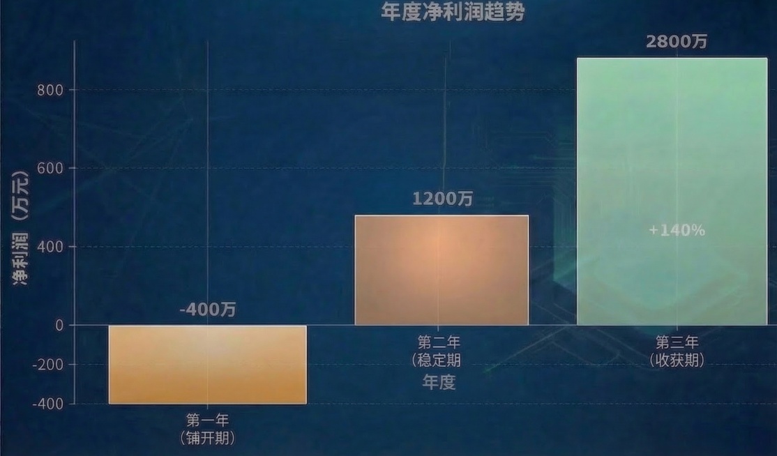 保持原图整体风格和其他内容不变，扩展左侧纵坐标轴向下增加刻度-200和-400，删除第一年0刻度以上的-400万柱状图（向上部分），将第一年-400万柱状图向下延伸至-400刻度位置，适配负数刻度预览效果