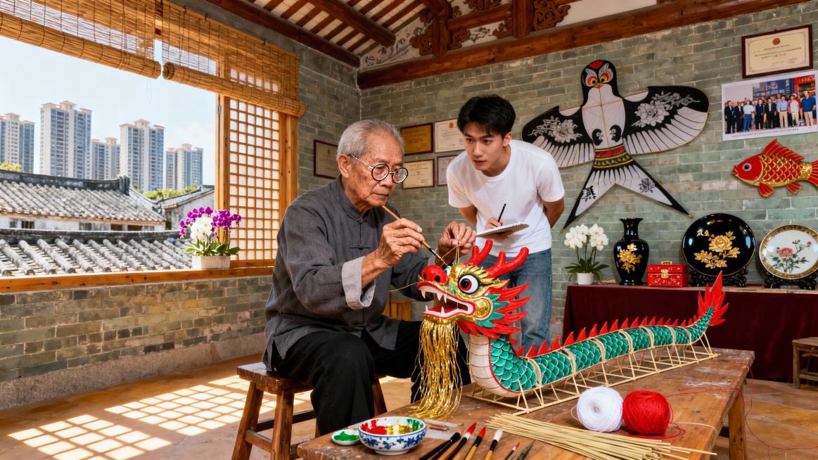 第四张：非遗传承·阳江工艺

工作室环境：

· 空间：约30平方米的传统工作室
· 建筑：青砖墙，木梁结构，梁上有简单雕刻
· 采光：左侧为大型木格窗（约3×2米），窗外有竹帘半卷
· 时间：春季上预览效果