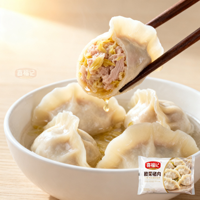[主图 3] 煮熟水饺细节特写。
[氛围风格] 诱人食欲美食实拍风格，突出饱满多汁质感。
[画质] 商业摄影质感、光线柔和通透、产品清晰真实、画面干净高级。
[元素] 瓷碗中盛放着几颗煮熟的酸菜猪肉水预览效果
