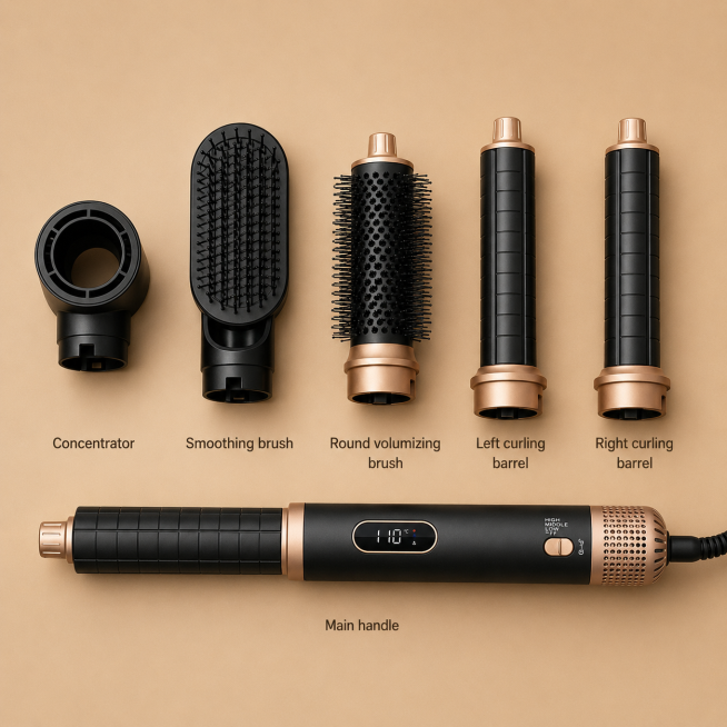 [主图 2] 5-in-1 Multifunctional Styler 5 interchangeable heads overview. Knolling layout: place the ma预览效果
