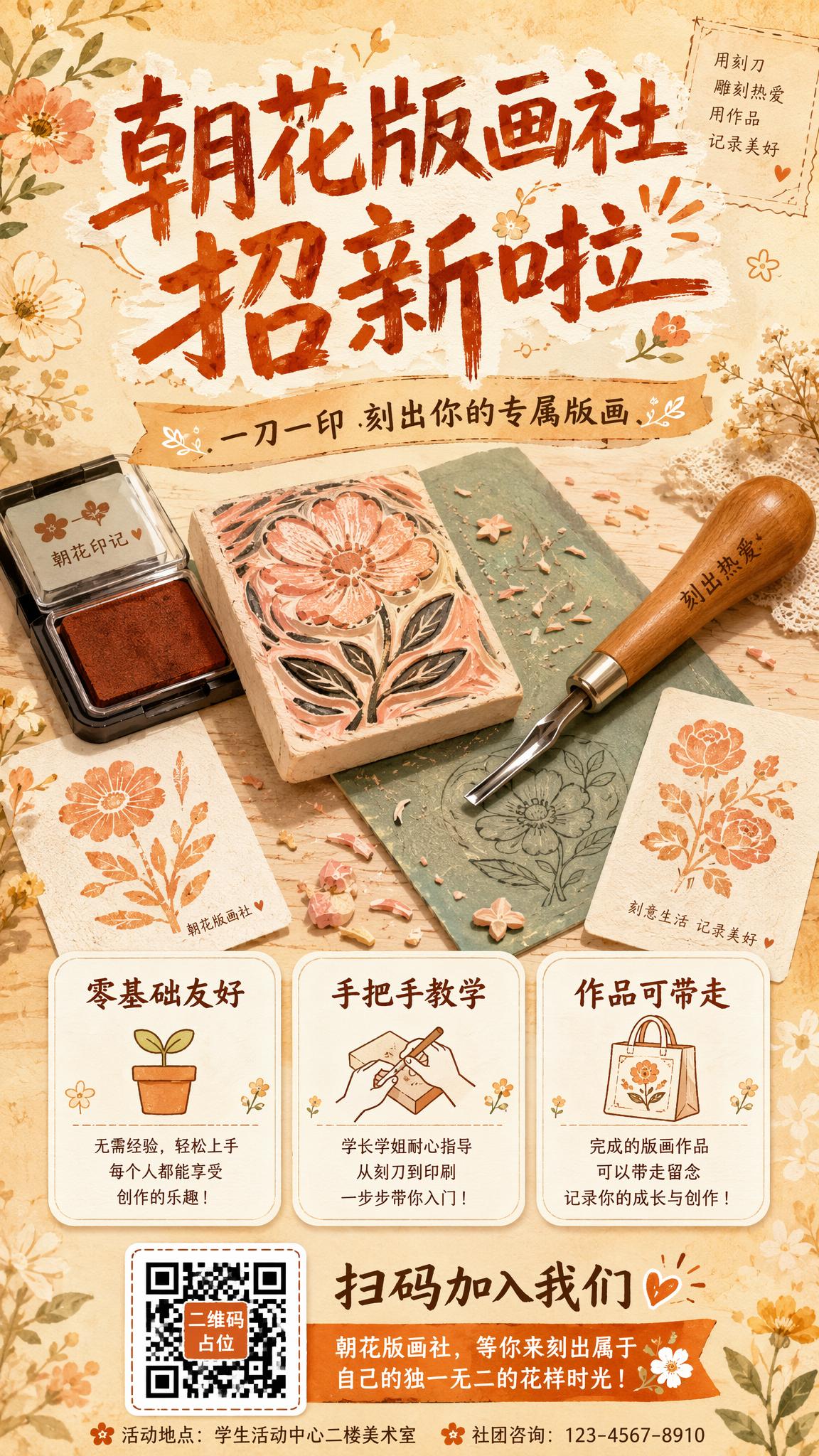 手绘水彩风格社团招新海报，竖版9:16，暖橙米黄配色，主题为朝… - 图片创意预览