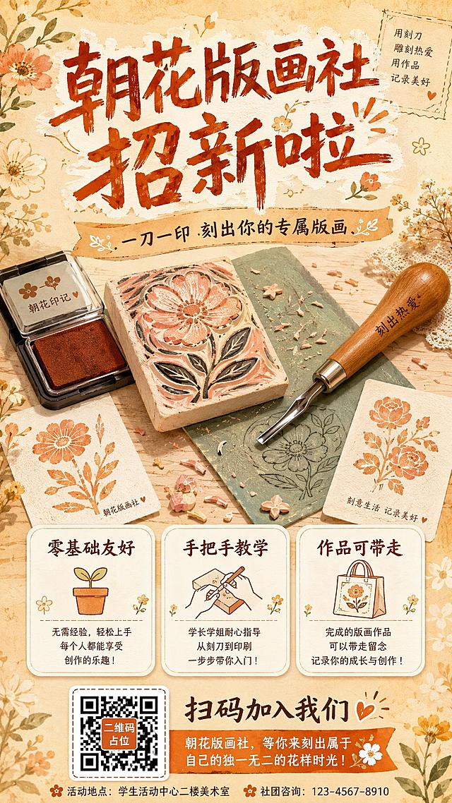 手绘水彩风格社团招新海报，竖版9:16，暖橙米黄配色，主题为朝花版画社招新，核心元素是橡皮章、刻刀、胶板。画面中央偏上位置是超大主标题「朝花版画社 招新啦」，粗体手写艺术字，下方副标题「一刀一印 刻出你的专属版画」。画面中部展示手工创作场景：一块雕刻中的橡皮章、一把木质手柄刻刀、一块胶板，旁边散落着橡皮屑、印台、完成的花朵图案印章作品，充满手工创作的温度与质感。背景为暖米色渐变，点缀淡淡的木纹、纸纹和手绘花朵小装饰。画面下方有三个圆角白底信息卡片，分别写着「零基础友好」「手把手教学」「作品可带走」，每个卡片配一个简约小图标。底部有二维码占位符方块，方块中央标注「二维码占位」文字，旁边写着「扫码加入我们」。整体氛围温暖、文艺、充满手工创作的乐趣，版式精美，层次分明，文字清晰可读，超高清画质。画面中所有信息区域必须填充完整合理的内容，不得出现空白框或待填写区域。