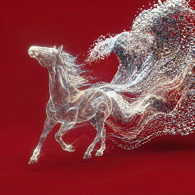 粒子构成的奔马在红色背景中疾驰，融合未来感与科技感，3D立体呈现梦幻抽象形态，尾部化为流动光波，展现虚拟现实中的超现实主义美学。