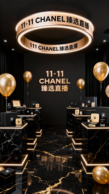 奢华高级的香奈儿11·11臻选直播背景，黑色调室内场景，地面是带有金色纹理的黑色大理石，顶部是香槟金色的环形发光装饰，上面有黑色的“11·11 CHANEL 臻选直播”文字，中间墙面有香槟金色的“11预览效果