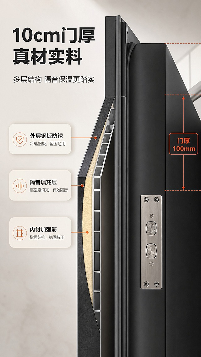 [商品] 使用【图3】防盗门侧面厚度图为主，辅以门体剖面示意；保留深灰门体、侧边锁体导向片、锁舌孔、黑色密封条和厚实门扇轮廓；剖面层示意以轻微透视叠加呈现，不改变原图结构颜色。
[画面] 目标证明10cm门厚与结构工艺；左侧为门体侧剖面局部放大：外层冷轧钢板、中间隔音填充层、内衬加强筋三层结构以切面示意+细线标注，右侧红框标注“门厚100mm”测量引线；产品占画面60%，背景暖白浅灰渐变。
[视觉] 套系策略：风格=现代高端家居商业摄影；标题字=现代无衬线粗体；正文字=简洁现代无衬线体；主色=深炭灰；背景延展=暖白至浅暖灰细腻渐变、哑光墙面与微水泥质感；强调色=暖橙色，仅用于小面积图标、引线、标签和局部光效；标题色=深炭黑；正文色=中暖灰；组件=圆角浅色信息卡、细线引线、圆角小图标；光影=右前侧暖柔光、室内自然光。剖面线、引线和标注使用暖橙强调。
[文字] 主标题“10cm门厚 真材实料”，副标题“多层结构 隔音保温更踏实”，信息点3个：“外层钢板防锈”“隔音填充层”“内衬加强筋”，全部横向排版，标注文字不遮挡锁体与密封条。
[规格] 9:16竖版，4K画质，避免结构错乱、门体变形、错字、竖排文字、冷蓝背景、电商平台Logo/水印、绝对化用语。