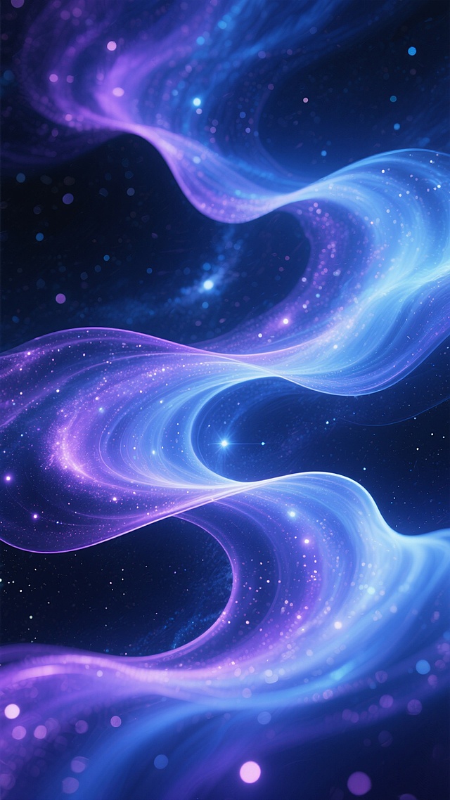 保持弥散风格，变换样式和配色，采用深邃的星空蓝与神秘紫为主色调，融入银河般的璀璨光点，波浪形态更加灵动飘逸，边缘带有柔和的荧光光晕，整体呈现出梦幻而神秘的宇宙星云氛围，色彩过渡自然流畅，光影交错间展现出变幻莫测的流动感与层次感。