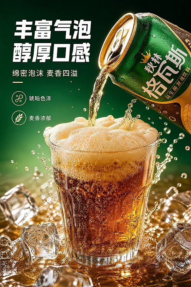 [商品] 使用【图1】秋林格瓦斯罐，保留原貌；画面中有倒出的格瓦斯液体和玻璃杯。
[画面] 目标：口感质地特写，展现气泡和酒体色泽。构图：中心聚焦，玻璃杯中倒入格瓦斯，琥珀色液体+绵密泡沫+上升气泡，罐体在侧后方倾斜做倾倒状，前景冰块+水珠飞溅。动态瞬间感，泡沫丰富有层次。
[视觉] 套系策略：风格=国内电商食品饮料商业摄影风，清爽发酵氛围；标题字=粗黑体；正文字=常规无衬线体；主色=深墨绿+金属金+琥珀棕；背景延展=深绿到浅绿渐变背景，突出液体通透感；强调色=金色高光；标题色=白色（深底）/深墨绿（浅底）；正文色=浅灰绿；组件=气泡装饰元素、水滴；光影=侧逆光，液体通透有高光，气泡晶莹。
[文字] 左上主标题"丰富气泡 醇厚口感"（8字），副标题"绵密泡沫 麦香四溢"（8字）；下方2个短卖点："琥珀色泽""麦香浓郁"，文字不遮挡杯中液体主体。
[规格] 图片比例2:3竖版，4K分辨率，负向提示：避免液体颜色失真、气泡不自然、产品罐体变形、文字遮挡主体。