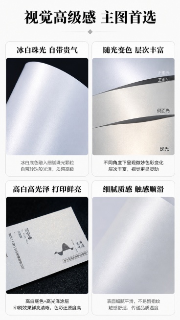 [第3屏] 视觉特性解析-四宫格展示三大核心视觉优势。本屏分别使用【图1】展示冰白珠光，【图1】不同角度展示随光变色，【图3】展示高白光泽打印效果。
[氛围/风格] 清爽信息卡风格，简约清晰，模块分明预览效果