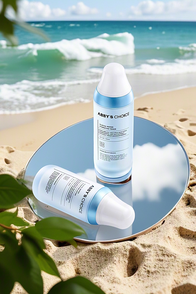 现代简约设计，清透瓶身展现清爽感，轻拟物风与性冷淡色调融合，海边背景增添自然气息。