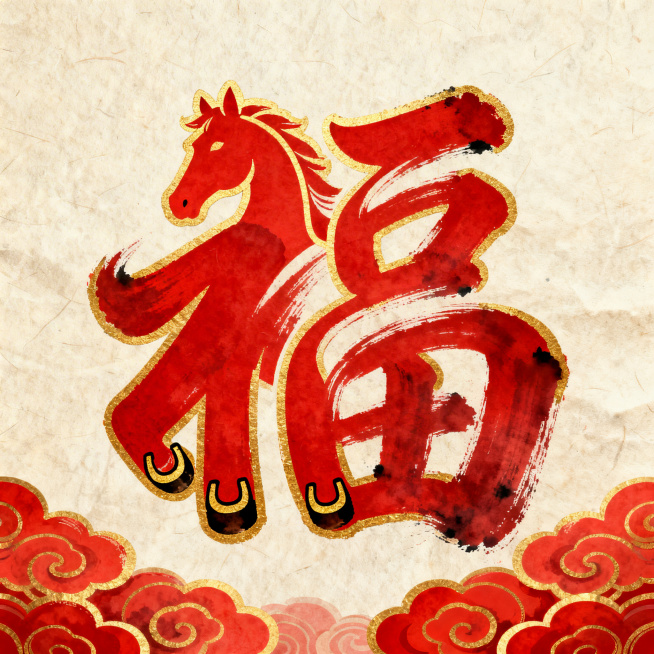 融合马元素的创意福字，传统书法风格，红色为主色调，带有金色描边，充满新年喜庆氛围预览效果