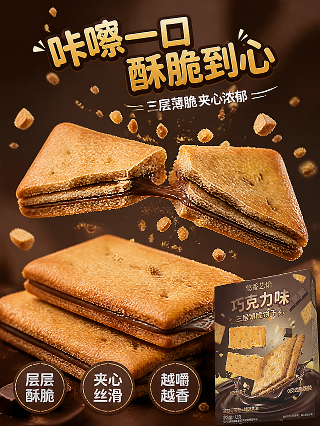 [第4张] 口感质地特写页-三层薄脆饼干剖面与酥脆质感展示。本张使用【图2】巧克力味饼干盒作为右下角辅助展示，主体为饼干剖面特写。
[氛围/风格] 极致微距食欲风，酥脆爆渣动态感，商业美食摄影。
[元素布局] 画面中心偏上为一块被掰开的三层饼干，夹心巧克力酱微微流出，饼干碎屑向四周飞溅，占比约50%；下方有几块完整的饼干堆叠，表面有细腻的砂糖颗粒；右下角露出巧克力味包装盒一角，占比约15%。背景为深棕色渐变，带柔和光斑。
[光影质感] 侧上方硬光突出酥脆质感，饼干层理分明，夹心酱有光泽，碎屑有动态模糊感，整体明暗对比强烈突出主体。
[配色色系] 全局底色 #3E2723 深巧克力棕；主色饼干金黄 #D4A574；辅助色巧克力酱深棕 #2C1810、奶黄。
[视角构图] 45°微俯拍，中心主体构图，阅读动线顶部标题 → 中部饼干特写 → 底部口感文案。
[文字版式] 顶部主标题「咔嚓一口 酥脆到心」，金黄色圆角粗黑体带深棕描边；下方副标题「三层薄脆 夹心浓郁」，奶白色小字；底部三个口感标签：「层层酥脆」「夹心丝滑」「越嚼越香」，圆形棕色底白字排列。
[比例分辨率] 3:4 竖版比例，4K 分辨率，文字清晰可辨。
[负向提示词] 包装变形，饼干结构错误，文字错乱，颜色偏差，水印，产品模糊。