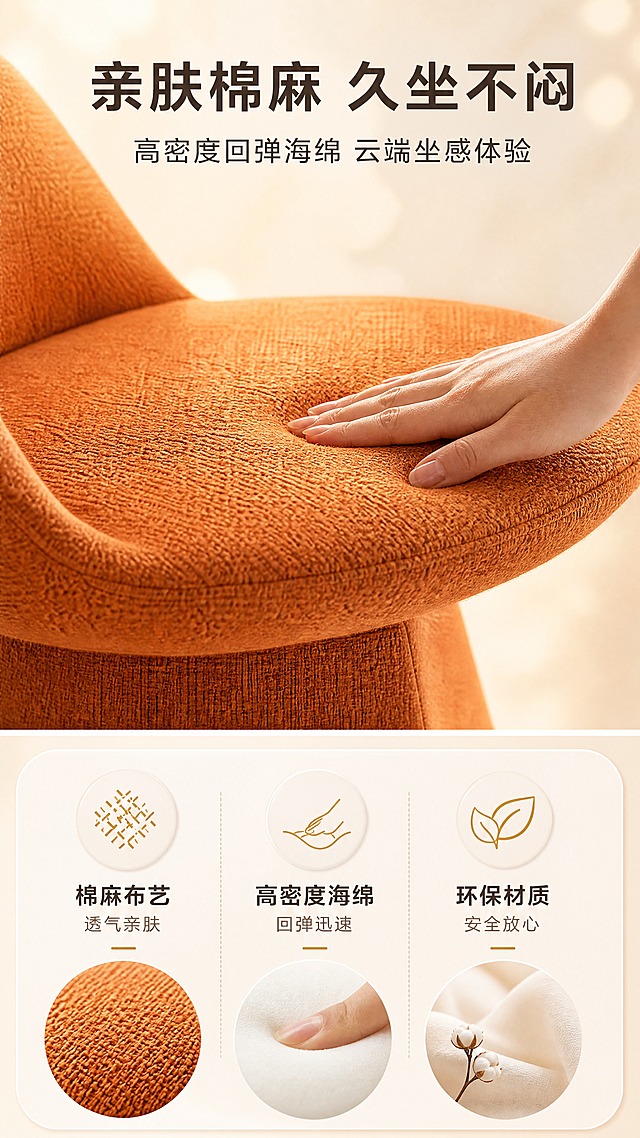 [商品] 使用【图1】橙色锥形底座妆凳；保留暖橙色棉麻布艺材质、座垫形状、靠背造型和整体比例；增强面料编织纹理细节，展示棉麻质感。
[画面] 目标：材质工艺页，证明棉麻面料透气与高密度海绵回弹。上下分栏构图，上半部分为座垫面料微距特写+手部轻轻按压座垫的回弹演示，下半部分为材质说明+图标；产品局部特写角度，聚焦座垫面料纹理和按压凹陷回弹效果；背景为浅奶油色+柔和光斑；产品占画面约60%。
[视觉] 套系策略：风格=现代轻奢奶油风商业摄影；标题字=现代无衬线粗体；正文字=简洁无衬线体；主色=暖橘橙；背景延展=基于暖橘橙做深浅层级、奶油白渐变和细腻织物/哑光墙面质感；强调色=暖金色，仅用于小面积图标、引线和标签；标题色=深棕灰；正文色=中暖灰；组件=圆角浅底信息卡、细线引线、胶囊标签；光影=左前侧暖柔光，柔和阴影。
[文字] 顶部主标题"亲肤棉麻 久坐不闷"，副标题"高密度回弹海绵 云端坐感体验"；下方3个材质图标+说明"棉麻布艺 透气亲肤""高密度海绵 回弹迅速""环保材质 安全放心"；文字横排，层级清晰。
[规格] 图片比例9:16竖版，4K，避免变形、错字、文字过小、冷蓝背景、产品颜色改变、结构失真。