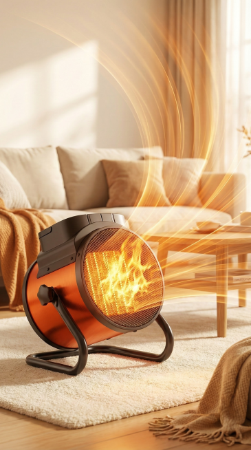 在参考图的基础，保留主体，生成一张电商产品图，体现出桌面暖风机全屋制暖感觉，客厅场景，产品内部加热区火焰发光效果，线条感暖风大面积输送效果。真实8K预览效果