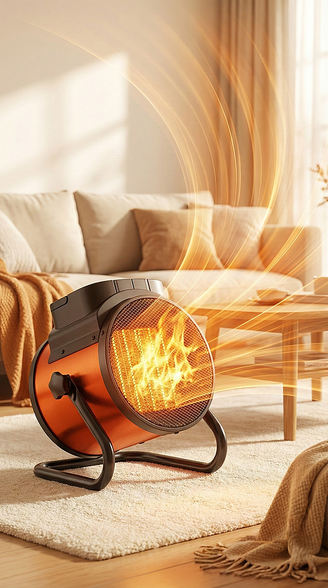 在参考图的基础，保留主体，生成一张电商产品图，体现出桌面暖风机全屋制暖感觉，客厅场景，产品内部加热区火焰发光效果，线条感暖风大面积输送效果。真实8K