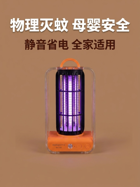适配视频号直播封面1080×1440竖版，无人物，修改现有图片：将背景改成纯色暖咖色，灭蚊灯保持居中，画面干净；主标题改为超大加粗白色文字"物理灭蚊 母婴安全"，添加副标题深棕色小字"静音省电 全家适预览效果