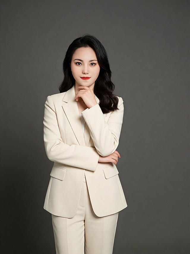 参考第一张图保留人物脸型､年龄等特征生成职场形象照,参考第二张图人物占位和比例,标准焦段50mm,F/4光圈(F/2.8-F/4区间),平视视角(镜头与人物视线齐平);人物占画面70%,人物居中(居中构图),位于画面中心,为视觉聚焦点,入境范围头部及以下至臀部下方10cm(半身像);左右留少量背景空间;头部与画面顶部保留5%空间;头部发型完整;肤质白皙细腻,头肩比例协调,美颜磨皮韩式精致自然的浓妆,通透水光肌,零粉感伪素颜底妆,肤质细腻无毛孔,白皙,肌表带自然润泽高光,杏粉色哑光眼影轻扫眼睑(仅提亮轮廓),极细内眼线(填充睫毛根部),自然深棕带细微高光点美瞳;唇妆:哑光橘红色口红,唇色饱满浓郁,唇面细腻粉质柔焦感,唇部水润,自然好气色无妆感边界;均匀肤色提亮肤色,身穿浅米色西装外套,同色系西裤;左臂交叉于胸前､右臂抬起,右手轻抵下颌;主体锐利,美颜磨皮精致浓妆,均匀肤色提亮肤色,发质柔顺,发尾自然微微卷,眼神直视镜头,站立姿势,目光坚定且澄澈,表情自然.嘴角上扬,气质自信温和稳重;均匀肤色,专业人像摄影写真,头部完整,结构准确;光比1:1.5,4800K冷调中性光,修饰脸型,肤质哑光细腻,面部雾面柔光,轻透裸肌感,真实毛孔纹理,32K画质,去除人物之外的所有元素,零噪点降噪,简约暖调深灰纯色背景。严格按照第一张图内容生成。