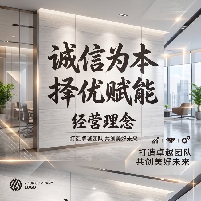 诚信为本择优赋能经营理念书法字体搭配商务背景宣传图预览效果