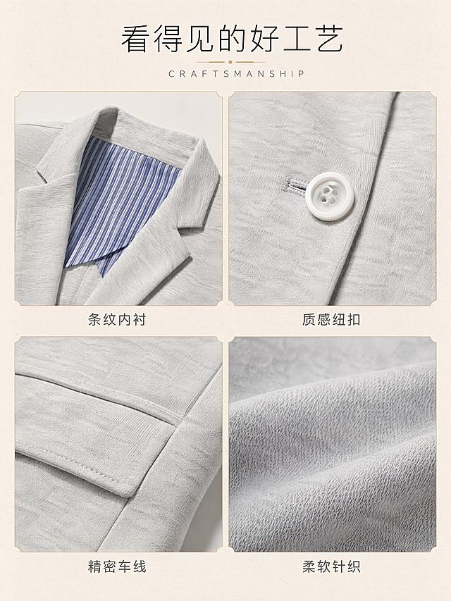 [第3屏] 工艺细节展示-女士浅灰色针织休闲西装外套细节特写。本屏使用【图2】作为领口细节主体，【图1】作为内衬细节参考，【图3】作为整体版型参考。
[氛围/风格] 精致工艺感，微距特写质感，柔和自然光，高级品质感。
[元素布局] 画面采用2x2宫格布局展示四处细节：左上为平驳领领口特写，展示蓝白条纹内衬与领口走线；右上为单颗纽扣细节，展示纽扣质感与扣眼做工；左下为口袋边缘缝线特写，展示细密车线工艺；右下为面料纹理微距，展示针织面料柔软质感；每格细节图下方配小字标签；背景为浅米色纸张质感底，四周留白；所有细节颜色、结构与输入图一致。
[光影质感] 柔和侧光突出面料纹理与缝线立体感，每个细节局部光影均匀，质感清晰可触。
[配色色系] 全局底色 #F0EDE8（暖米灰）；主色浅灰面料；辅助色蓝白条纹内衬、深灰标签文字、细金线分隔。
[视角构图] 微距特写视角，2x2等分布局，每格独立成景又整体统一。
[文字版式] 画面顶部居中主标题「看得见的好工艺」，主标题大号纤细黑体，下方小号英文「CRAFTSMANSHIP」；四个细节图下方分别标注「条纹内衬」「质感纽扣」「精密车线」「柔软针织」，标签文字居中，字重中等；文字不遮挡细节主体。
[比例分辨率] 3:4竖版比例，4K分辨率，文字清晰可辨，高清画质。
[负向提示词] 变形，颜色偏差，结构错误，水印，文字错乱，文字过小，面料质感失真，背景杂乱。