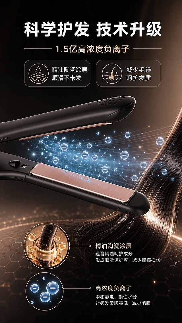 [商品] 使用【图2】【图8】烫发板夹板局部特写；保留玫瑰金陶瓷加热面板、黑色机身边框、面板光泽质感、面板边缘弧度。
[画面] 目标：展示1.5亿负离子+精油陶瓷涂层双重护发技术。构图：机理示意型，夹板打开状态居画面中央，面板间喷射出大量蓝色发光负离子光粒子流，光粒子流向发丝示意护发效果，产品占画面55%，机理示意占画面1/2以上。
[视觉] 套系策略：风格=深色科技轻奢商业摄影；标题字=现代无衬线粗黑体；正文字=简洁无衬线体；主色=深邃炭黑；背景延展=基于深炭黑做深浅渐变、同色系明暗层次和细腻磨砂金属质感；强调色=玫瑰金/香槟金，仅用于小面积图标、引线、标签和局部光效；标题色=纯白；正文色=浅银灰；组件=圆角半透明信息卡、细线引线、发光粒子；光影=右前侧暖金柔光+产品轮廓背光。
[文字] 上方主标题「科学护发 技术升级」，副标题「1.5亿高浓度负离子」，下方分两点「精油陶瓷涂层 顺滑不卡发」「减少毛躁 呵护发质」，配发光粒子示意护发路径，文字横排。
[规格] 图片比例9:16竖版，4K分辨率，避免变形、错字、文字过小、冷蓝背景、产品颜色改变、结构失真、绝对化用语、医疗功效承诺。