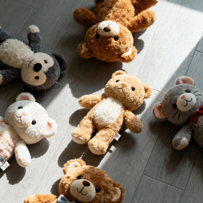 生成一个玩偶散落在地上的场景，尺寸1600*1600像素预览效果