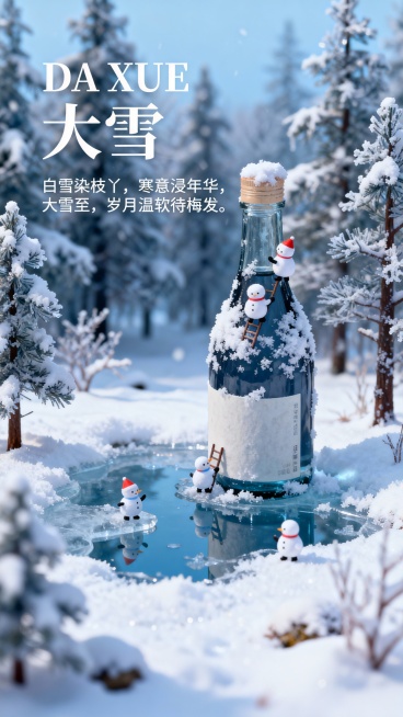 移轴镜头微距摄影静物摄影风格，高清8k画质，森林结了冰霜，地面上厚厚的积雪，中间湖冰面上，几个小小的雪人正在主体酒瓶上爬上爬下，酒瓶上被少量冰雪覆盖，光线柔和自然，整体色调以冰蓝色为主，清新自然，画面预览效果