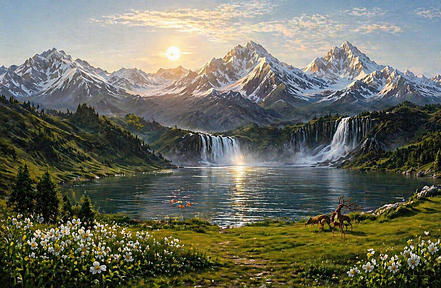 油画风与厚涂技法交织，展现雪山湖光的壮丽画卷，光影流转间透出清新梦幻的静谧之美，虚拟自然中的唯美景致令人沉醉。
