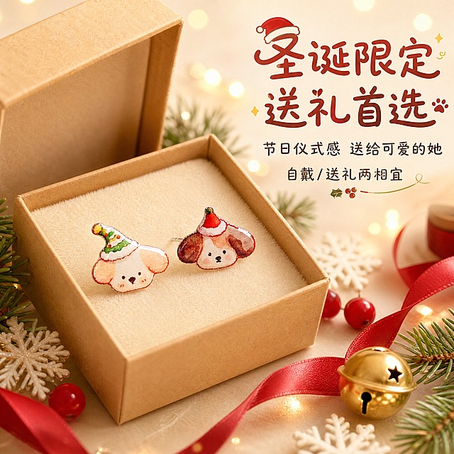 [主图-5] 场景氛围与礼赠价值图，展示耳钉的节日氛围感和送礼属性。
[统一基调] 整体风格为精致可爱的节日氛围感，背景主色为奶白色搭配浅香槟金点缀，标题字色为暖棕红色，辅助字色为深咖啡色，强调色为圣诞红与松绿，字体为圆润可爱的文艺手写体，字号层级分明，卡片与图标采用圆角柔和样式，整体光影柔和通透。
[画面] 画面营造温馨的圣诞节日场景。中央偏左位置放着一个打开的迷你浅棕色礼盒，盒内铺着米白色绒布，绒布上摆放着这对圣诞小狗不对称耳钉。礼盒周围散落着圣诞节日小装饰：几枝迷你松枝、两颗红色小浆果、一个金色小铃铛、几片白色雪花片装饰，还有一小卷红色丝带。背景是温暖的奶白色，带有淡淡的光斑效果，营造节日温馨感。整体构图饱满但不杂乱，耳钉始终是视觉焦点。
[光影质感] 温暖节日光影质感，柔和暖光从左上方照射，礼盒和装饰物有自然的阴影，耳钉表面有温暖的高光反射，整体氛围温馨治愈，充满节日仪式感。
[配色] 奶白色暖调背景，圣诞红、松绿、金色点缀，原木色礼盒，整体色调温暖喜庆。
[文字版式] 画面右上角放置主标题"圣诞限定 送礼首选"，暖棕红色手写体，字号较大。主标题下方放两行辅助文字："节日仪式感 送给可爱的她"和"自戴/送礼两相宜"，深咖啡色，字号依次减小。文字放在右上角负空间，不遮挡礼盒和耳钉主体。
[输出要求] 比例1:1，文字清晰可读，节日氛围浓厚。负向：变形、错字、模糊、杂乱、水印、平台Logo、耳钉造型改变、颜色失真、氛围廉价。