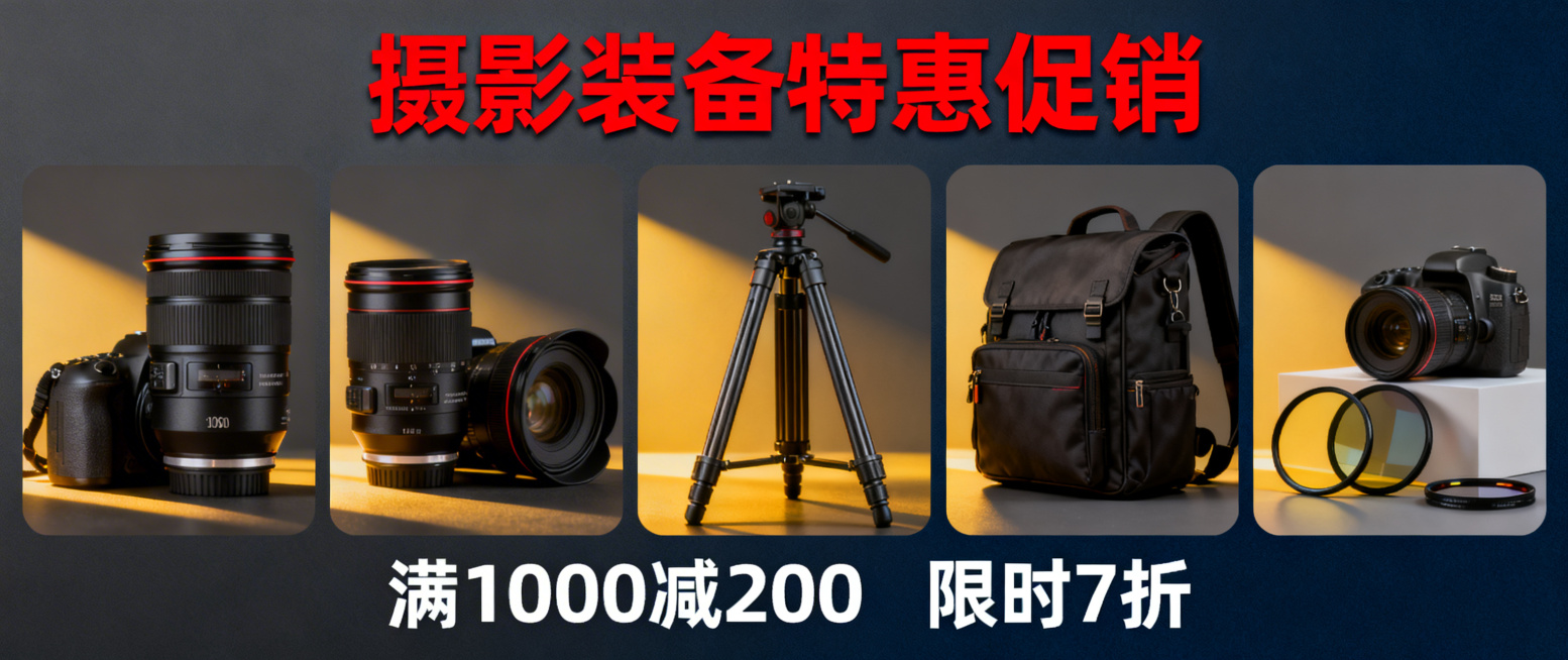 相机装备促销轮播图，展示镜头、三脚架、摄影包、滤镜等热销相机配件，醒目标题“摄影装备特惠促销”，专业暗调设计，突出优惠信息，适合相机店铺宣传，尺寸宽950像素高400像素预览效果