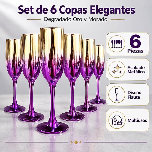 [主图-2] Juego de 6 Copas de Champán Degradado Oro-Morado，核心亮点与套装价值展示，突出6件套数量与精致渐变外观。
[统一基调] 跨境亚马逊信息图风格，浅灰色高级背景，深紫色标题字，金色辅助强调色，无衬线粗体西文字体，整体克制精致，不杂乱。
[画面] 画面中央偏左位置展示6只紫金渐变香槟杯，呈优雅扇形排列，杯身金色到紫色的渐变效果清晰可见，金属镀膜光泽饱满；右侧为信息区，包含1个大号数字"6"和核心卖点图标组；画面底部有一条细长的深紫色装饰线。卖点图标共4个，分别对应：套装数量、渐变金属质感、笛型杯身设计、多场景适用；每个图标配1-2个西班牙语短词。产品占画面约60%，视角为正面微侧45度，与首图视角拉开差异。
[光影质感] 商业摄影质感，柔和侧光突出杯身金属渐变的层次感，金色区域明亮反光，紫色区域深邃饱和，杯脚细长优雅，底座有真实接触阴影，整体光影统一，产品自然融入浅灰背景。
[配色] 浅灰色主背景，深紫色标题，金色点缀色，白色信息卡片底；产品本身金紫渐变为主视觉。
[文字版式] 右上角主标题西班牙语"Set de 6 Copas Elegantes"，字体为粗体无衬线西文字体，深紫色；下方副标题"Degradado Oro y Morado"，字号缩小50%以上，浅灰色；右侧4个卖点标签分别为"6 Piezas"、"Acabado Metálico"、"Diseño Flauta"、"Multiusos"，每个标签配简约线性图标；所有文字清晰可读，不遮挡产品主体。
[输出要求] 1:1正方形，2K分辨率，产品清晰，文字锐利，排版整洁；负向：中文文字、变形、错字、模糊、杂乱背景、水印、平台Logo、促销极限词。