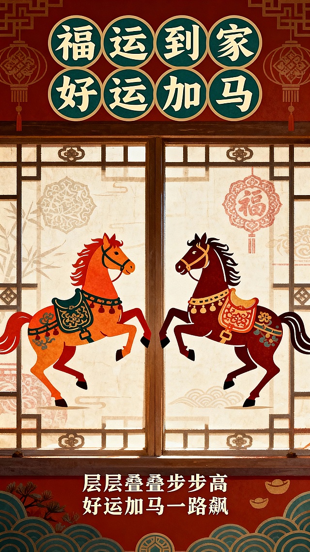 复古国风插画风，双骏呈祥与中式花窗、福纹元素结合，红棕暖调配色，营造福运满盈的马年喜庆氛围。