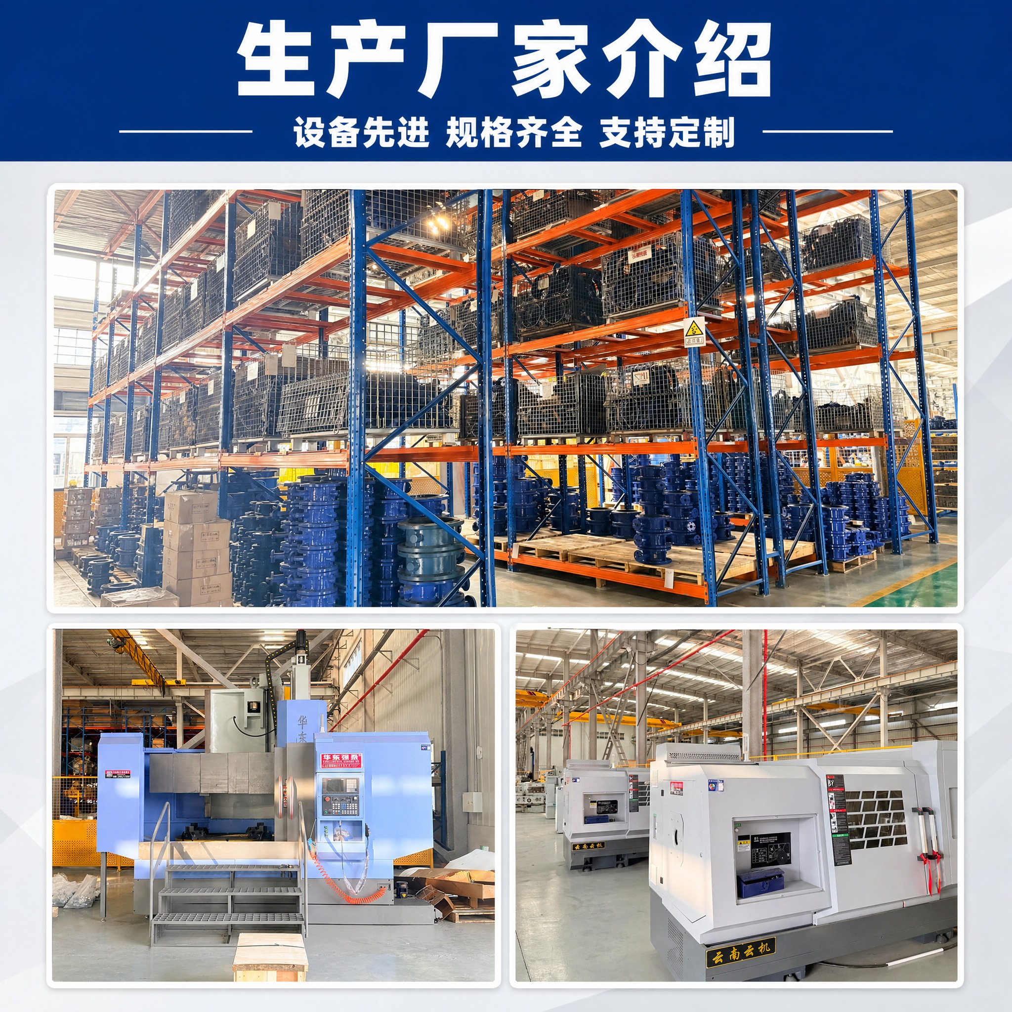 将输入的三张工厂实拍照片合成一张生产厂家介绍图：上部横跨一张大… - 图片创意预览