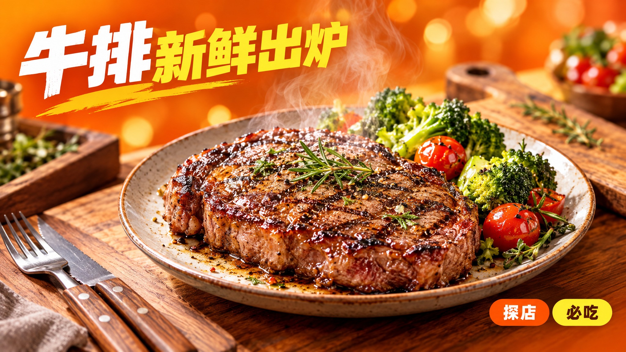 活力美食摄影海报风格，高饱和度暖橙色背景，画面中心是一盘色泽诱… - 图片创意预览