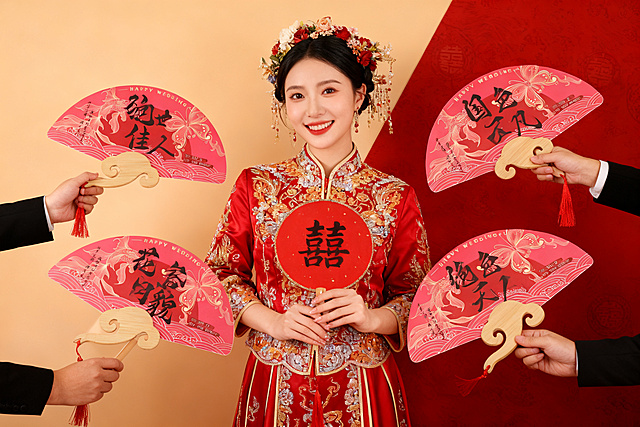 把照片里的扇子改成中式婚礼主题创意合影，新娘身穿华丽红色中式嫁衣，头戴精致花饰，手持写有“囍”字的红色团扇，笑容甜美，周围四只手分别持着这张照片里原有的粉色书法团扇，整体是中式婚礼风格，温馨喜庆