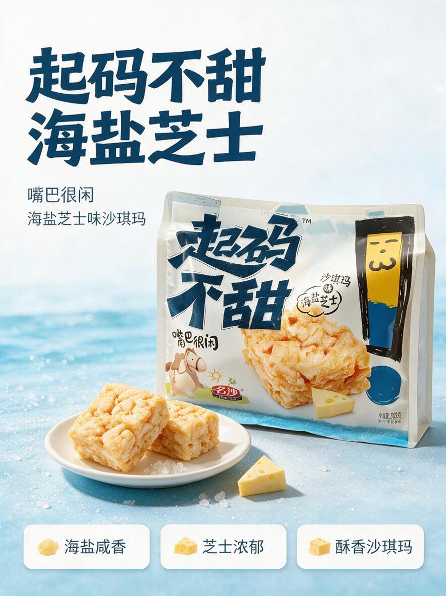 [商品] 使用【图1】名沙起码不甜海盐芝士味沙琪玛包装（白色袋… - 图片创意预览