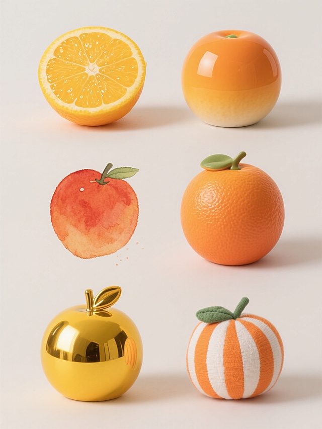 6个不同橙子造型，上下两行对齐排列，每个橙子具有独特配色、样式和材质。包括：1. 新鲜多汁的写实切片橙子，橙黄色果肉带有水珠；2. 橙色渐变光滑塑料橙子模型；3. 暖橙色陶瓷橙子摆件，表面有细微纹理；4. 橙红色手绘水彩橙子，边缘略带晕染效果；5. 亮黄色金属质感橙子，表面有反光光泽；6. 橙白相间条纹布艺橙子玩偶。所有橙子放置在浅色背景上，保持整体视觉平衡与和谐。