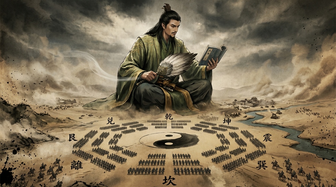 参考原图构图，创意改为巨大的人物诸葛亮轻轻摇着羽扇，另一只手拿着兵书，地面上的小人组成了一个八卦阵，古战场风格，三国水墨战争氛围感预览效果