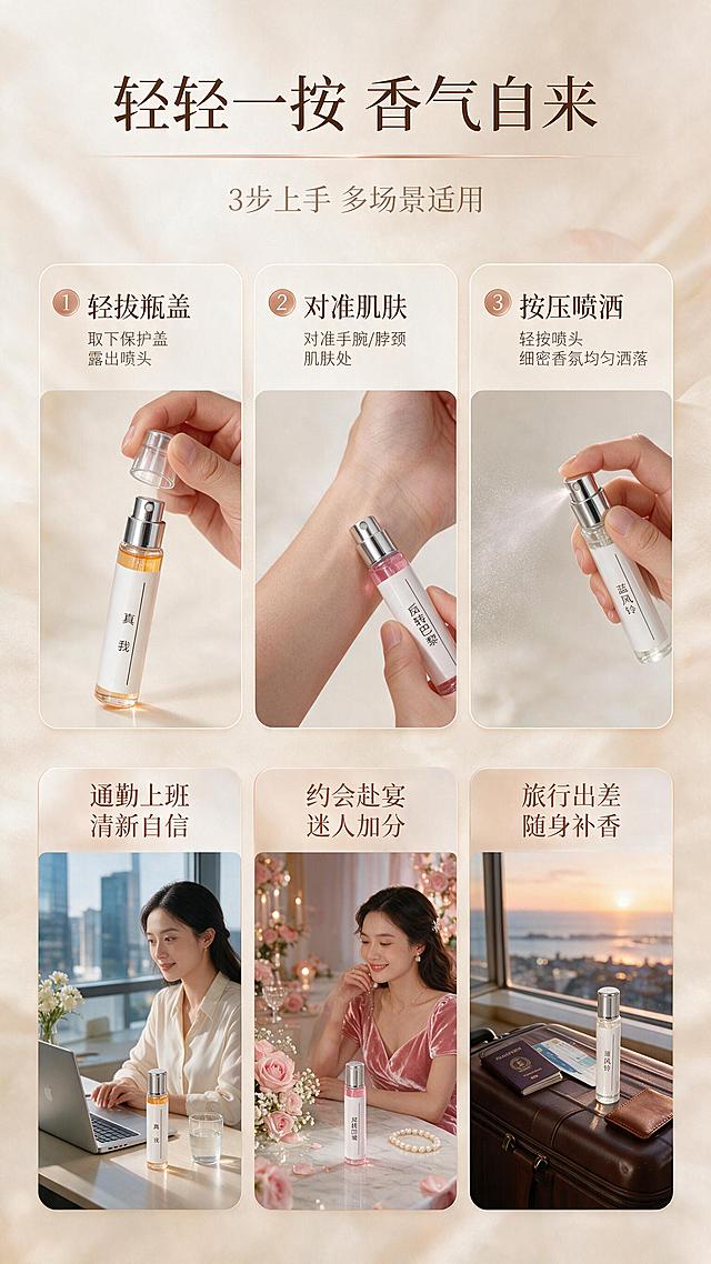 [商品] 使用【图1】中的试管香水；保留银色按压喷头、透明玻璃瓶、白色标签竖排香名、液体颜色；展示按压喷香的使用动作。
[画面] 目标：使用方式+多场景种草页。构图：上半部分为3步使用步骤（横向排列），下半部分为3格场景拼图（通勤/约会/旅行）；每格都有香水产品融入对应场景。产品在每格中占约25%。背景为浅米白渐变，步骤区和场景区分区清晰。景别：步骤为特写，场景为中景。
[视觉] 套系策略：风格=高级轻奢香氛商业摄影；标题字=优雅衬线粗体；正文字=简洁无衬线体；主色=米杏暖白；背景延展=基于米杏暖白做深浅渐变、柔雾质感和丝绸/花瓣肌理；强调色=玫瑰金，仅用于小面积图标、引线和标签；标题色=深棕咖；正文色=暖灰棕；组件=圆角浅底信息卡、细线引线、玫瑰金小图标；光影=左前侧暖柔光，柔雾漫反射。
[文字] 顶部主标题「轻轻一按 香气自来」，副标题「3步上手 多场景适用」；步骤区：1.「轻拔瓶盖」2.「对准肌肤」3.「按压喷洒」；场景区三格分别标注：「通勤上班 清新自信」「约会赴宴 迷人加分」「旅行出差 随身补香」。全部横排。
[规格] 图片比例9:16竖版，2K分辨率，避免变形、错字、文字过小、冷蓝背景、滚珠设计、瓶身文字错乱。