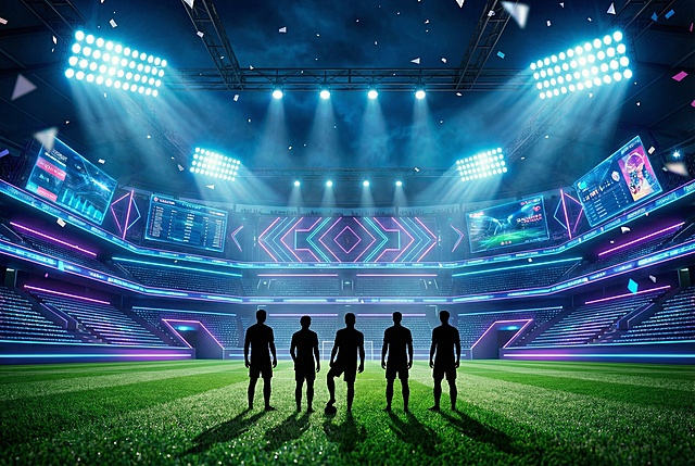 人，灯，灯光，草场不要换。人群那边可以换一点未来科技感。装潢未来感。其他的保留