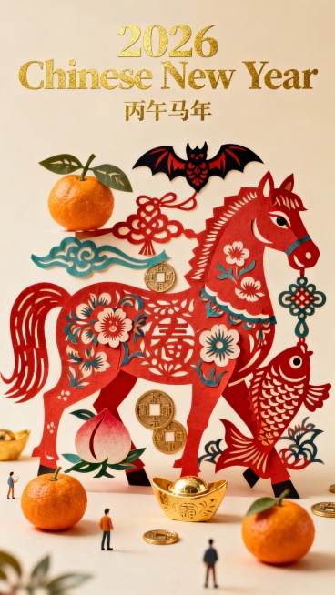 库淑兰剪纸艺术风格，绚烂彩色剪纸，微缩摄影，年味立体剪纸纸雕艺术，特写镜头，画面侧重于过年的温暖，暖色光，马年意向，中国风，东方审美，唯美，极简主义，浅暖色背景，海报构图，极端构图，丰富的镂空细节，精预览效果